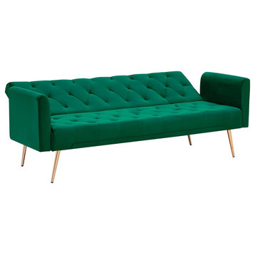 Contemporary Futon, Angled Golden Legs & & Buttonless Tufted Velvet Seat, Green