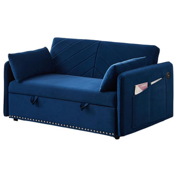 Modern Sleeper Sofa, Padded Upholstery With Pillows & USB Charging Ports, Blue