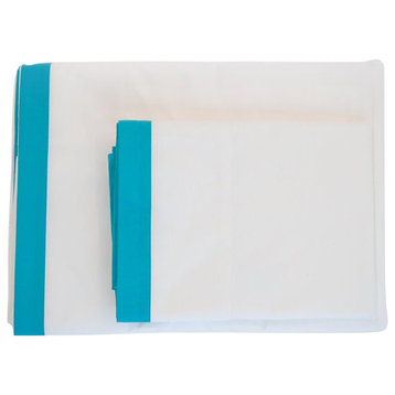 Catia Flat Sheet, White With Turquoise, Twin