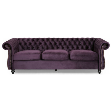 GDF Studio Vita Chesterfield Tufted Jewel Toned Velvet Sofa With Scroll Arms, Blackberry