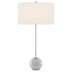 Currey & Company - Villette White Table Lamp - Extending daintily from a ball of white marble with gray veining, the thin stem of the Villette White Table Lamp is made of metal in a polished nickel finish. At the very spot where the bone linen shade culminates at its bottom-most point and just above the base are the subtlest of accents that bring this white and silver table lamp its sophistication and charm. Tom Caldwell designed the Villette, which we also offer in a black version.