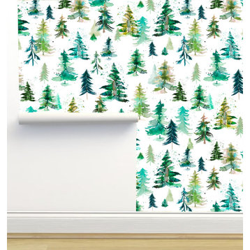 Watercolor Winter Pines Spruces Wallpaper by Ninola Designs, 24"x144"