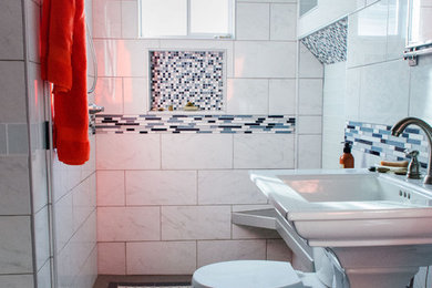 Bathroom - small contemporary white tile and mosaic tile porcelain tile bathroom idea in Chicago with a two-piece toilet, white walls and a pedestal sink
