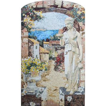 Statue At The Village Entrance Marble Mosaic Mural, 28"x43"