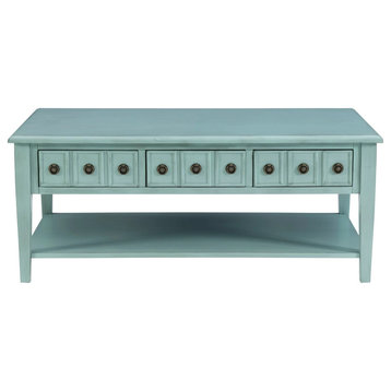 Vintage Coffee Table, Lower Shelf and 3 Drawers With Antique Bronze Pulls, Teal