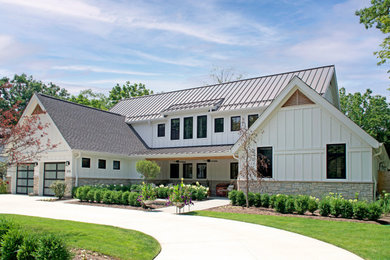 Inspiration for a farmhouse white two-story concrete fiberboard and board and batten exterior home remodel with a metal roof and a gray roof