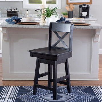 Linon Cate Sturdy Solid Rubberwood Swivel X Back 24" Counter Stool in Black