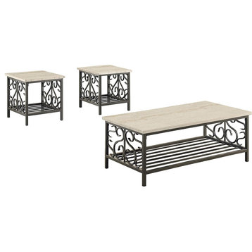 3 Pieces Coffee Table Set, Faux Marble Top With Slatted Shelf & Scrolled Accents