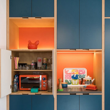 Orange and Blue Plywood Kitchen - The James's