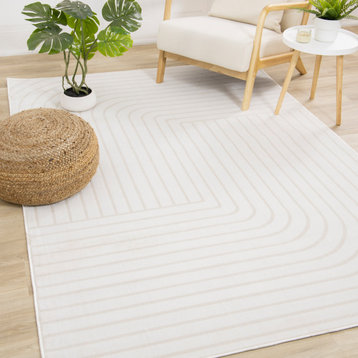Washable Collection Cream Beige Modern Lines Area Rug, 5'3"x7'7"
