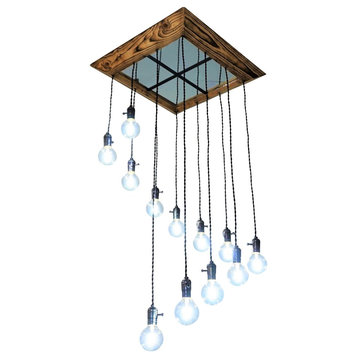 Country Modern Wooden Chandelier with Mirror and 12 Spiral Pendants