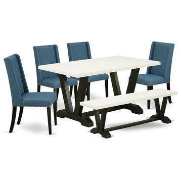 East West Furniture V-Style 6-piece Wood Dining Set in Black/Blue/White