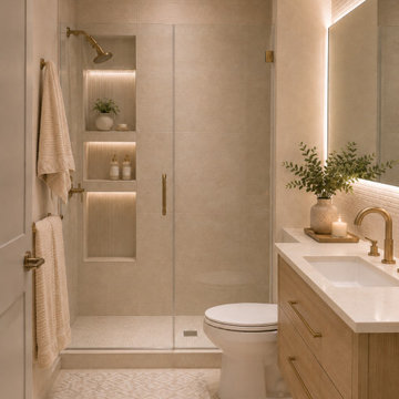 Warm Neutral Bathroom Renovation with Walk-In Shower and Oak Vanity