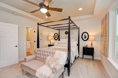 Inspiration for a mid-sized country master bedroom in Other with white walls, carpet and beige floor.