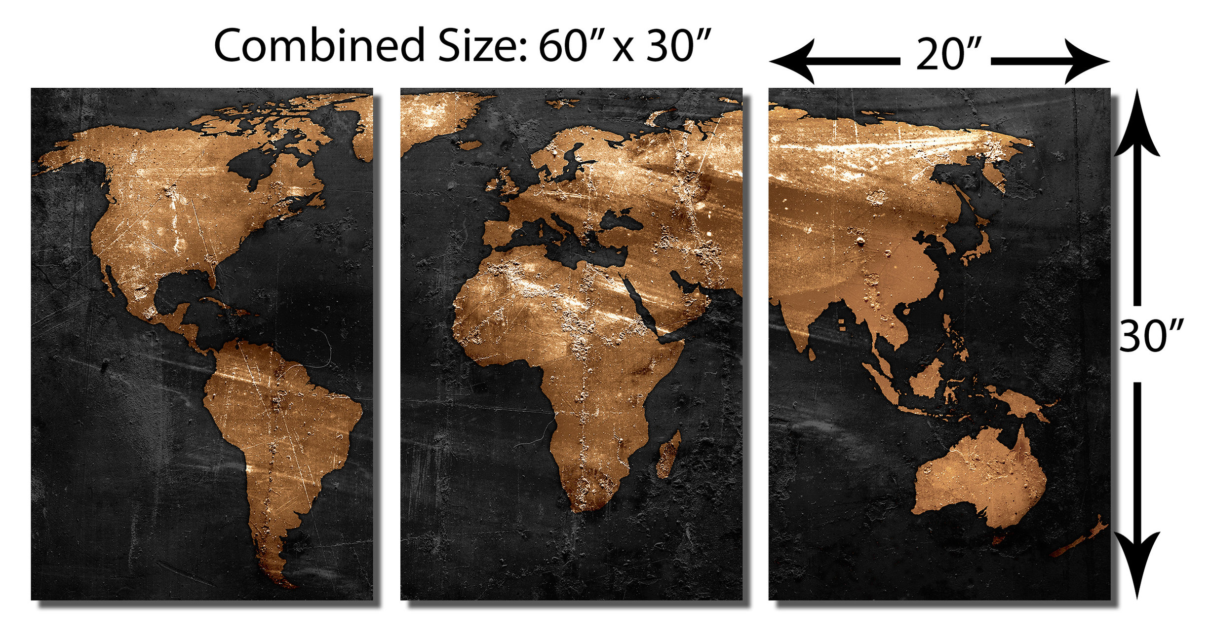 Bronze Black World Map Metal print wall art. 3 Panel split, Triptych HD ...