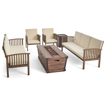 Martha Outdoor 4-Piece Acacia Wood Conversational Sofa Set With Fire Pit, Gray F