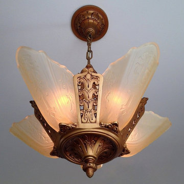 Antique Hanging 5 Light Slip Shade Chandelier, 1920's Cast Iron