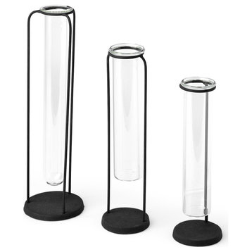 Beeker Black Metal With Glass Cylinder Vases, Set of 3