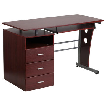 Contemporary Desk, Floating Top With Keyboard Tray & Spacious Drawers, Mahogany