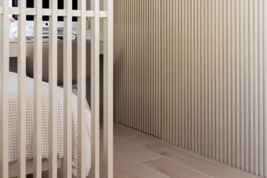 Inspiration for a small modern master ceramic tile and beige floor bedroom remodel in Hong Kong with white walls