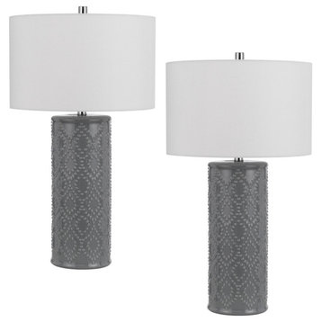 29" Accent Table Lamp Set of 2, Tall Cylinder, Ball Finial Accent, Gray