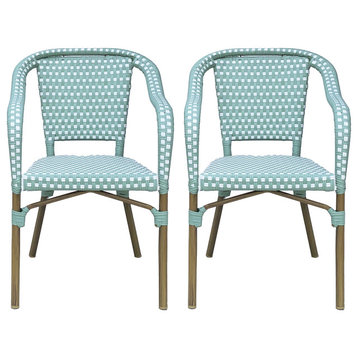 Grouse Outdoor French Bistro Chairs (Set of 2), Light Teal/White/Khaki
