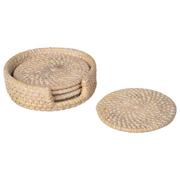 Loma Round Rattan Coasters With Holder, Set of 4 Coasters, Latte