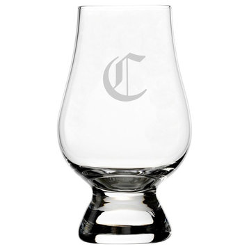 Old English Etched Monogram Glencairn Crystal Whiskey Glass, Letter C