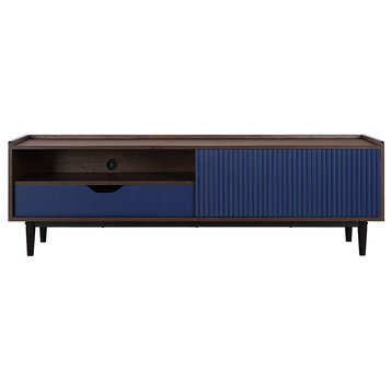 Duane 59.25 Modern Ribbed TV Stand, Dark Brown and Navy Blue