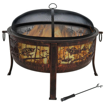 Sunnydaze Northwoods Fishing Fire Pit With Spark Screen, 30" Diameter