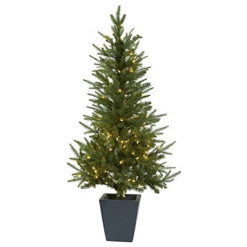 4.5' Christmas Tree With Clear Lights and Decorative Planter, Green