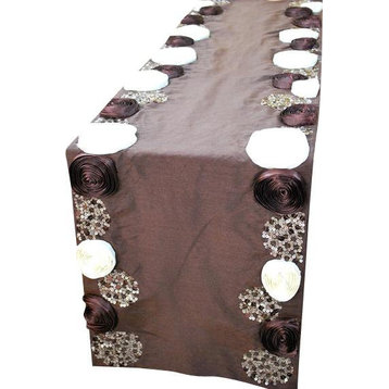 Decorative Table Runners, Chocolate Brown Ivory Wine, 14"x48", Silk