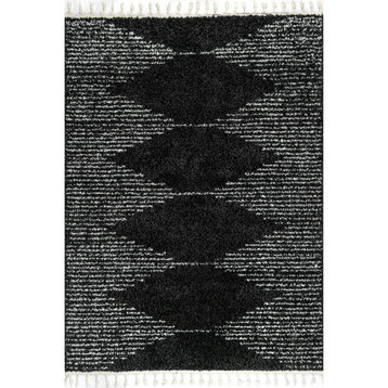 Modern Area Rug, Unique Design With Moroccan Accent & Tassels, Black/8'10" X 12'