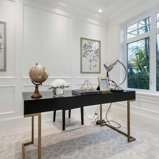 Photo of a medium sized modern study in Vancouver with white walls, marble flooring, no fireplace, a freestanding desk and grey floors.