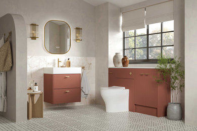 Immagine di una grande stanza da bagno per bambini design con ante lisce, ante rosse, WC monopezzo, lavabo a consolle, top in superficie solida, top bianco, un lavabo e mobile bagno sospeso