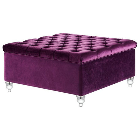 Posh Living Joshua Velvet Square Storage Ottoman with Lucite Legs in Purple