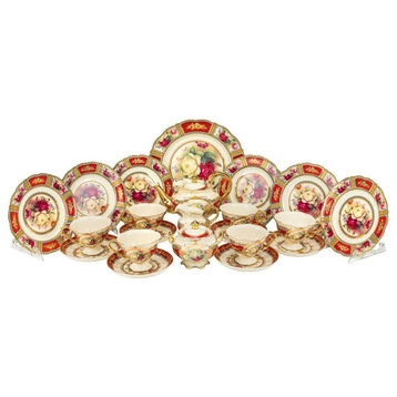 Royalty Porcelain 24-pc Tea Cake Set 'Britten' For 6, Bone China Porcelain (Red)