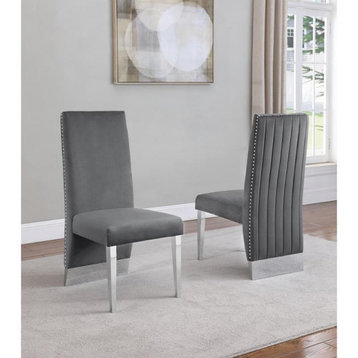 Gray Tufted Velvet Accent Side Chairs with Silver Chrome Detailing (Set of 2)