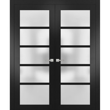 Solid French Double Doors 56 x 80 Frosted Glass, Quadro 4002 Matte Black