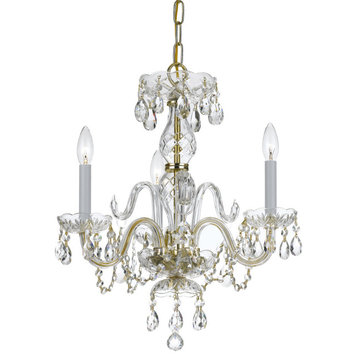 Traditional Crystal 3 Light Mini Chandelier, Polished Brass, Clear