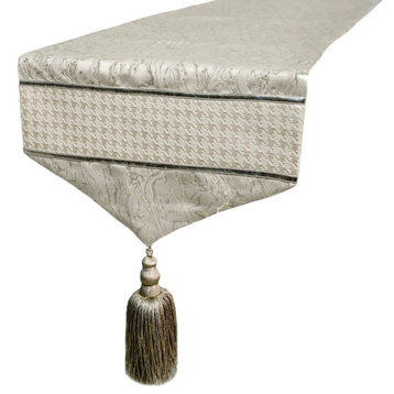 Table Runner Silver Faux Leather, Jacquard 14"x60" Patchwork - Leather Luminance