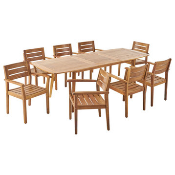 Mildred Outdoor Acacia Wood Expandable 8 Seater Dining Set, Teak