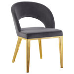 Meridian Furniture - Roberto Velvet Upholstered Dining Chair, Gray, Gold - Seat dinner guests in elegant style with the Roberto grey velvet dining chair from Meridian Furniture. This fabulous chair features a rounded back with strategically placed opening for visual beauty and to allow air flow while you dine. The rich grey upholstery is chic and modern, and it has a soft feel against the skin. This chair rests on iron legs for superb support, and each leg is finished in gold for a modish slant that meshes well with your up-to-the-minute dining room decor.