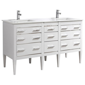 Eiffel 60'' Double Sink High Gloss White Vanity W/ Quartz Counter Top