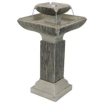 Sunnydaze 2-Tier Square Bird Bath Outdoor Water Fountain 25" Feature With LEDs
