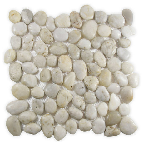 Polished White Pebble Tile, 12x12 Mesh Backing, Natural Stone for Shower & More