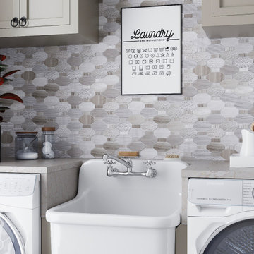 Modern Farmhouse Laundry Room With Elongated Hexagon Mosaic Backsplash