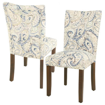 Set of 2 Dining Chair, Wooden Legs With Floral Patterned Upholstered seat, Blue