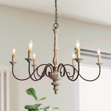 LNC 6-Light Distressed Wood French Country and Farmhouse Candle Chandelier