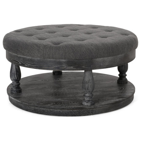 Mineola Contemporary Upholstered Round Ottoman, Charcoal/Gray, Fabric